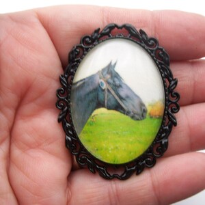 Horse Pin, Equestrian Horse Pin, Black Horse Cameo Pin Brooch, Kentucky Derby Horse Pin, Victorian Horse Pin, 3 COLOR Setting Choice