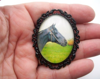 Horse Pin, Equestrian Horse Pin, Black Horse Cameo Pin Brooch, Kentucky Derby Horse Pin, Victorian Horse Pin, 3 COLOR Setting Choice