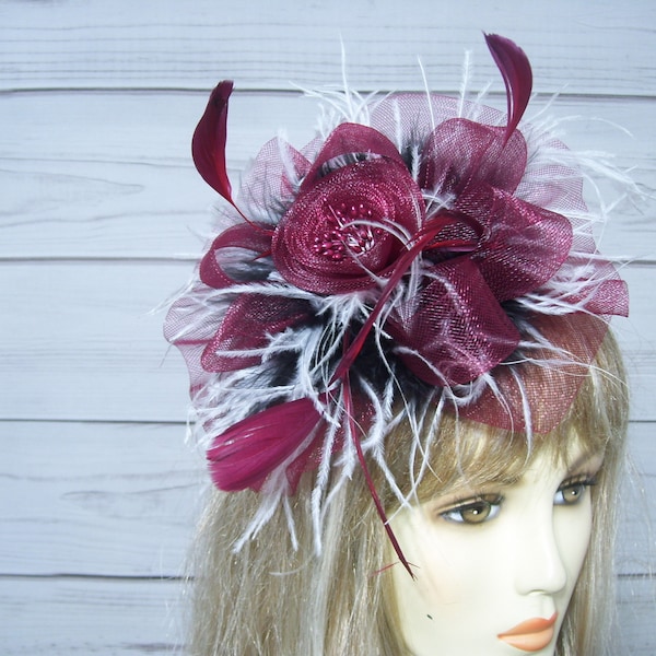 KD201 Burgundy Fascinator Clip Headband, Kentucky Derby Hat Clip, Tea Party Hat Ascot Hatinator Belmont, Church Hat, Preakness Hat