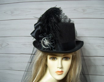 Stevie Nicks Inspired Black Top Hat, Kentucky Derby Top Hat, Steampunk Top Hat, Victorian Top Hat, Halloween Top Hat Wedding Top Hat