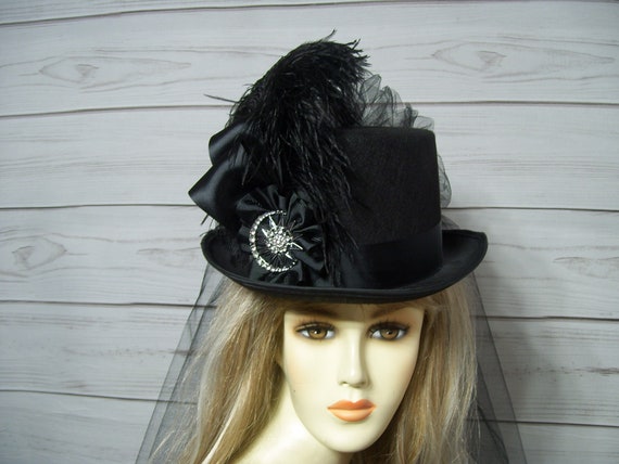Stevie Nicks Inspired Black Top Hat, Kentucky Derby Top Hat, Steampunk Top Hat, Victorian Top Hat, Halloween Top Hat Wedding Top Hat