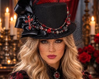 Svart hög hatt med kors, gotisk, Halloween, Stevie Nicks-inspirerad hög hatt, 22,5" inneromkrets