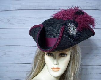 May include: A black and burgundy wide-brimmed hat with a burgundy feather and a jeweled embellishment.