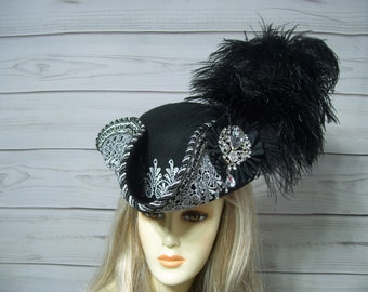 Svart pirathatt med spets, Halloween-pirathatt, renässans-trikornshatt Jack Sparrow-hatt 22,5" inuti