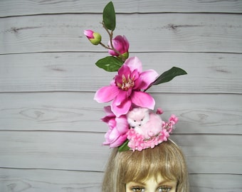 Pink Fox Fascinator Kentucky Derby Fascinator Hat, Wildlife Hat, Easter Flower Tea Party Hat, Ascot Hatinator, Belmont, Preakness Hat, USA