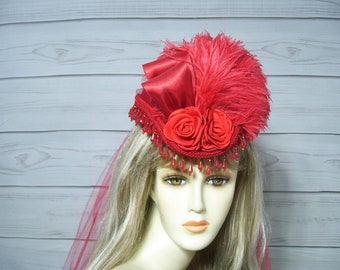 Ladies Red Mini Riding Hat, Victorian Mini Riding Hat, Equestrian Hat, 1800s Style Mini Riding Hat, usa