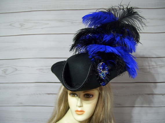 Pirate Hat, Black and Blue Pirate Hat, Tricorn Hat 