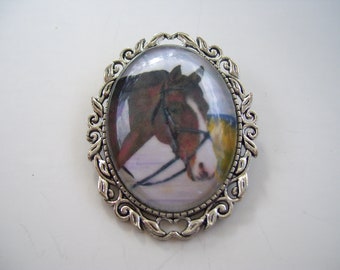 Broche Vintage En Argent Sterling - Forme Fer à Cheval Avec Tête De Cheval à L'intérieur - Marque "Beau"