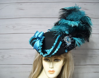 Czarno-turkusowy kapelusz piracki dla kobiet, kapelusz trójrożny, kapelusz renesansowy, kapelusz piracki na Halloween, kapelusz piracki Gasparilla, 22,5" (wewnątrz)