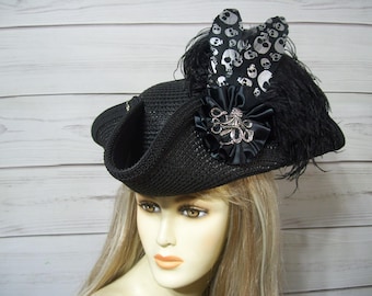 Svart halm unisex pirathatt med bläckfiskdekor, Halloweenpirat, renässanshatt, 22,5" insida