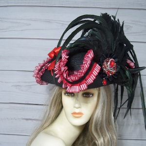Black and Red Pirate Hat, Rennaissance Tricorn Hat, 22.5&quot; inside