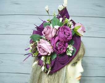 Purple Floral Fascinator Kentucky Derby Hat, Tea Party Hat, Easter Hat, Belmont, Horse Races Fascinator Royal Ascot, Alice in Wonderland