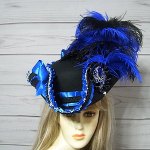 Ladies Black and Royal Blue Pirate Hat, Halloween Tricorn Hat, 22.5&quot; inside circ
