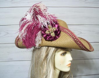 Herr- eller kvinna, brun och vinröd halmhatt i Cavalier Pirate-stil, renässanshatt, Halloween-pirathatt, Gasparillahatt 22,5" invändigt