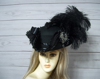 Black Pirate Hat Womans Black Tricorn Hat Renaissance Hat Halloween Pirate Hat Gasparilla Pirate Hat Steampunk Hat Jack Sparrow 22.5" inside