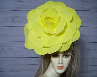 Large Yellow Rose Flower Fascinator, Kentucky Derby Hat, Tea Party Fascinate Wedding Fascinator, Alice in Wonderland Hat