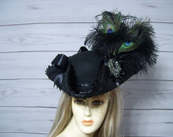 Black Pirate Hat, Black Tricorn Hat, Renaissance Hat, Halloween Peacock Pirate Hat, Gasparilla Pirate Hat, Steampunk Hat, Jack Sparrow Hat