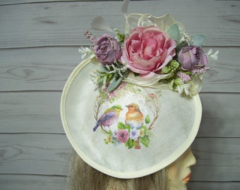 Ladies Fascinator with Birds and Flowers, Kentucky Derby Hat Fascinator, Tea Party Hat, Oaks Horse Race Hat, Royal Ascot, Belmont