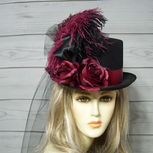 Black Top Hat, Stevie Nicks Inspired Top Hat, Ladies Top Hat, Burgundy Roses Kentucky Derby Top Hat 22.5" inside circumference