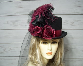 Black Top Hat, Stevie Nicks Inspired Top Hat, Ladies Top Hat, Burgundy Roses Kentucky Derby Top Hat 22.5" inside circumference