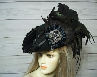Black Pirate hat, Unisex Renaissance Hat, Gasparilla Tricorn Pirate Hat, 22.5" inside