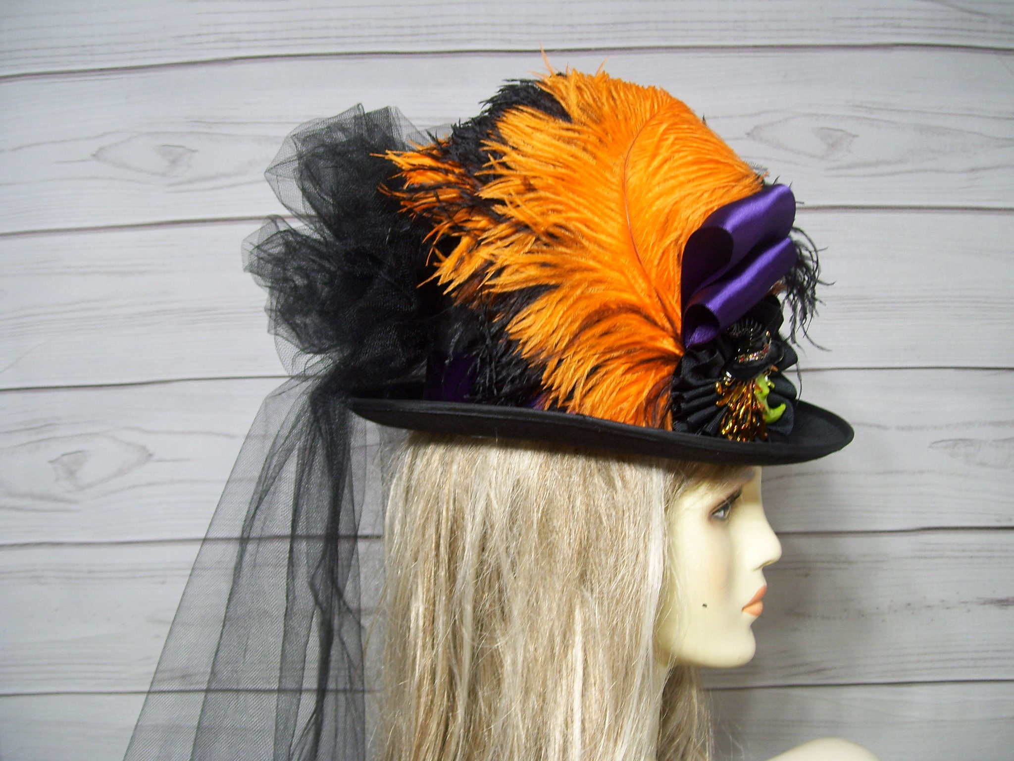 Vintage 90’s Feathered witches hat Halloween New Sexy Witch Hat Feathers Veil Halloween Costume Hat US  main image 2