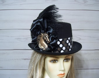 Men or Woman Black Top Hat with Horse Cameo, Kentucky Derby Top Hat, Equestrian, 22.5"
