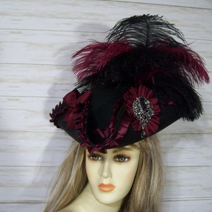 Black and Burgundy Pirate Hat, Halloween Pirate Hat, Renaissance Hat, Black Tricorn Hat, Steampunk Hat, Jack Sparrow Hat, 22.5" inside size