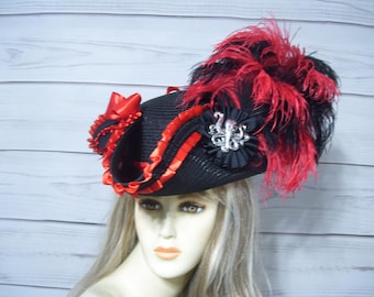 Zwarte en rode piratenhoed voor dames, renaissance tricorn hoed, Halloween piratenhoed, Gasparilla piratenhoed, Jack Sparrow 22,5" binnen