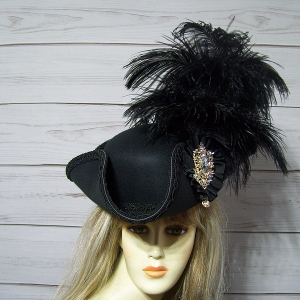 Black Pirate Hat Black Tricorn Hat Halloween Pirate Hat Renaissance Hat Steampunk Hat Jack Sparrow Hat by mspurdy