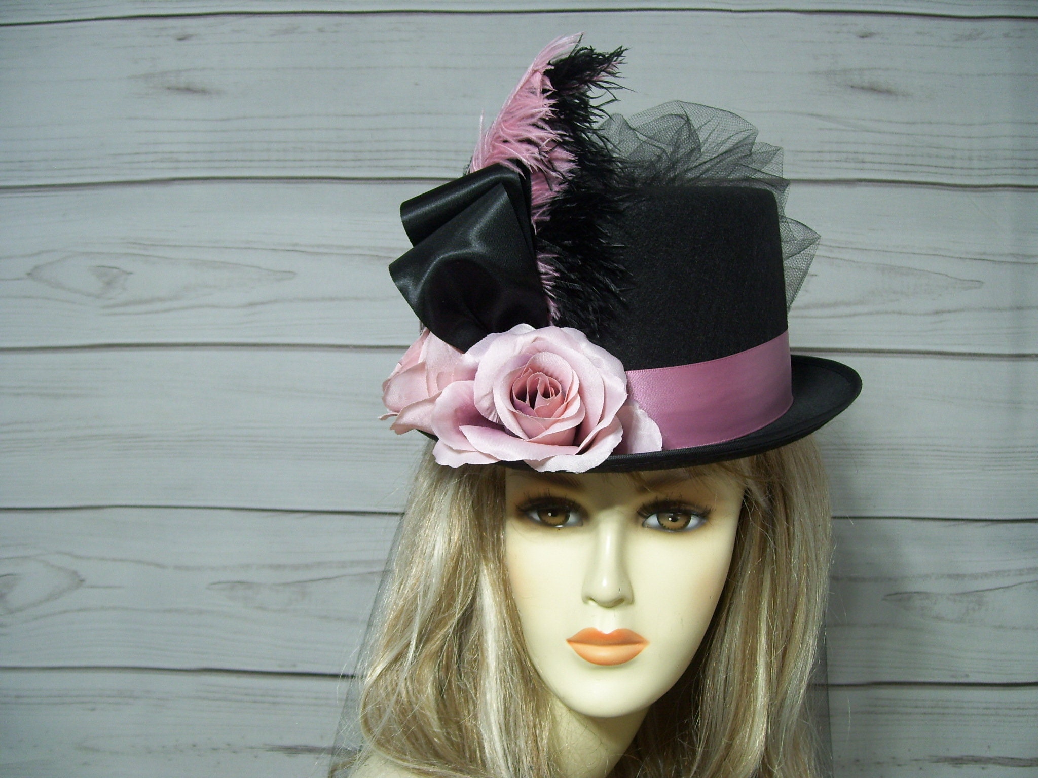 Pink and Black Top Hat w Toole and Pink Ribbon and Large Rose Decorative Petite Top Hat, Black and Pink Floral Print With  main image 2