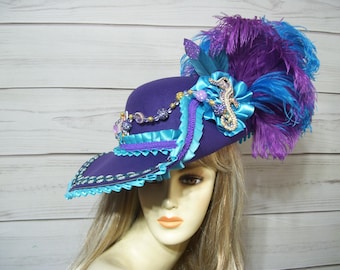 Purple and Turquoise Cavalier Hat, Renaissance Hat, Gasparilla, Halloween Pirate hat, 22.5" inside