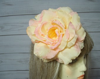 Large Peach Rose Fascinator Kentucky Derby Flower Fascinator Hat, Easter Rose Hair Clip, Mothers Day Flower Clip