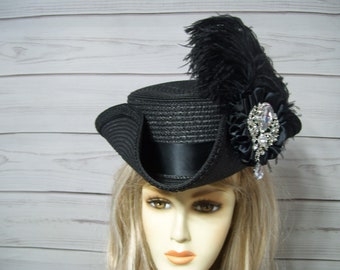 Black Tricorn Pirate Hat Renaissance Hat Halloween Tricorn Pirate Hat Victorian Style Tricorn Hat, 1800s Style Hat 22.5" Inside