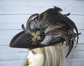 Unisex Brown Pirate Hat, Men or Woman Renaissance Hat, Gasparilla, Tricorn Pirate Hat, 22.5" inside