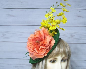 Ladies Green and Orange Fascinator, Kentucky Derby Hat, Wedding Fascinate, Ascot Hatinator, Belmont, Car Shows, Tea Party Hat, USA