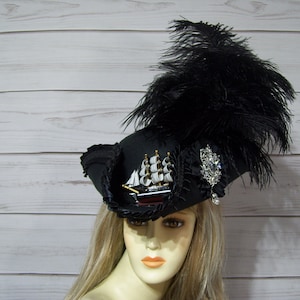 Pirate Hat, Ladies Black Pirate Hat, Renaissance Pirate Hat, Gasparilla Tricorn Hat, Victorian Pirate Hat, Jack Sparrow 22.5&quot; inside