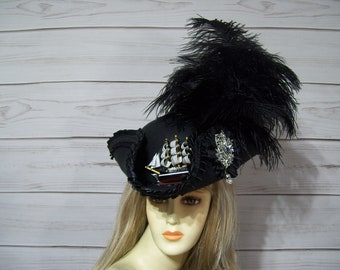 Pirate Hat, Ladies Black Pirate Hat, Renaissance Pirate Hat, Gasparilla Tricorn Hat, Victorian Pirate Hat, Jack Sparrow 22.5" inside