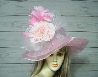 Ljusrosa hatt med stor ros för damer, Kentucky Derby-hatt, påskhätta, mors dag, bröllop, tävlingshatt, Belmont-hatt, Preakness