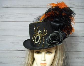 Ladies Black Top Hat, Large Spiders Halloween Hat, Halloween Party Top Hat, 22.5" inside circ