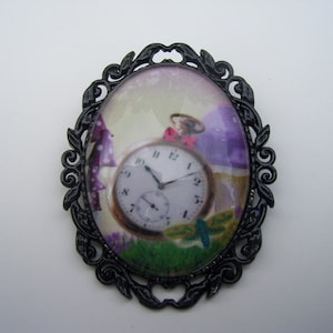 Alice in Wonderland Cameo Pin Brooch, The Rabbits Pocket Watch Pin, Teatime Pin, 3 COLOR Setting Choice
