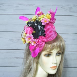 Hot Pink Fascinator with Black Horse, Kentucky Derby Hat, Equestrian Hat, Tea Party Hat, Ascot, Belmont, Preakness Hat, Horse Theme Hat