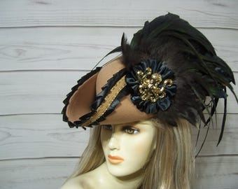 Tan and Black Pirate Hat, Renaissance Tricorn, Gasparilla, Rococo Hat