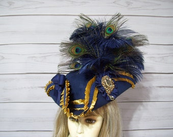 Pirate Hat, Navy Halloween Pirate Hat, Renaissance Hat, Gasparilla Pirate Hat, Navy Tricorn Hat, 22.5" for theinside circ.