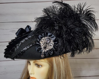 Woman Black Pirate Hat, Tricorn Hat, 22.5" inside