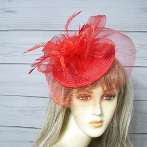 Ladies Red Fascinator Kentucky Derby Fascinate Hat, Wedding, Belmont, Garden Party Tea