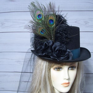 Ladies Black Top Hat with Black Roses, Stevie Nicks Inspired Top Hat, Peacock Kentucky Derby Hat, Ascot, Tea Party, Wedding, 22.5&quot; inside