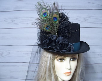 Ladies Black Top Hat with Black Roses, Stevie Nicks Inspired Top Hat, Peacock Kentucky Derby Hat, Ascot, Tea Party, Wedding, 22.5" inside