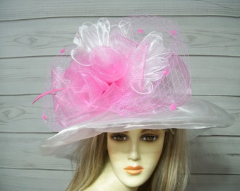 White and Pink Hat Kentucky Derby Hat, Mother's Day Hat, Wedding Hat, Racing Day Hat, Belmont Hat, Preakness
