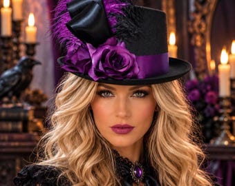 Svart hög hatt med lila rosor, Stevie Nicks-inspirerad, Kentucky Derby, 22,5" invändig cirkulär.